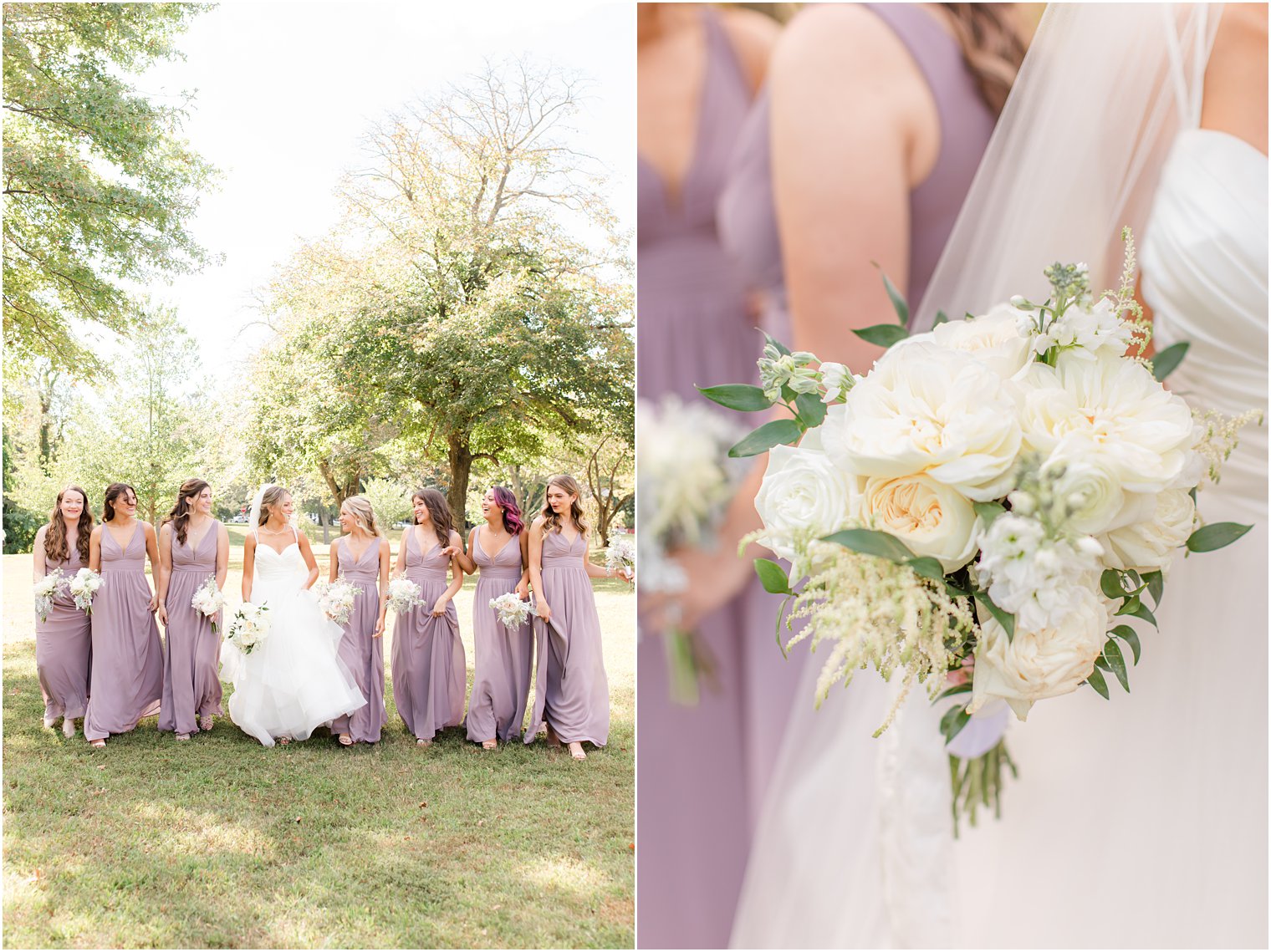 bride and bridesmaids in light purple dresses walk in NJ park