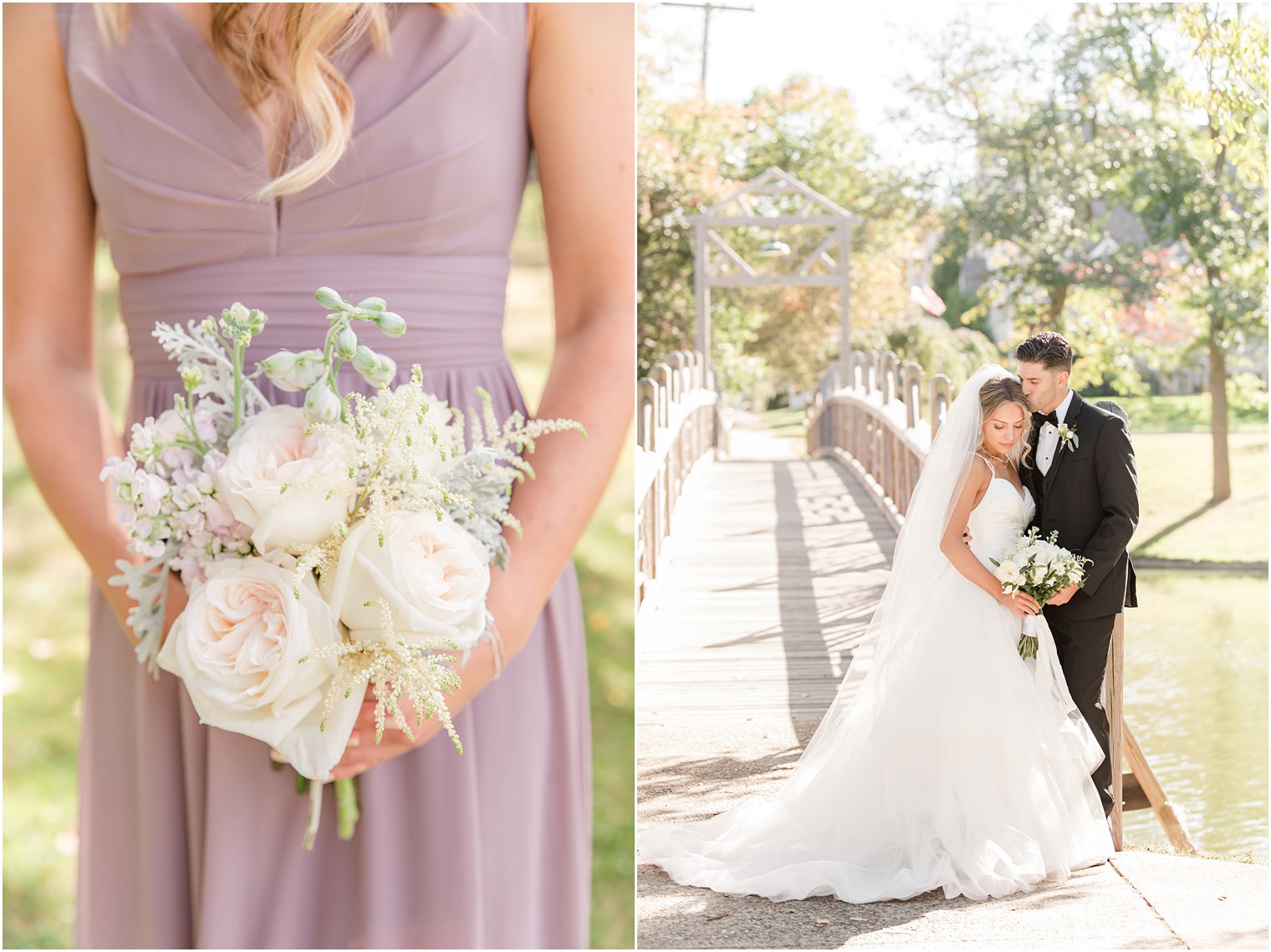 bride and groom pose on wooden bridge in NJ