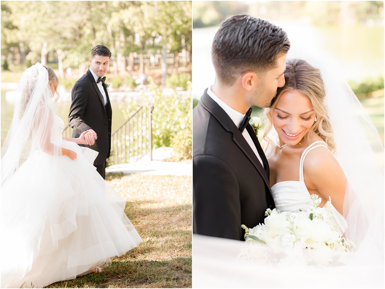 bride and groom walk through park in New Jersey