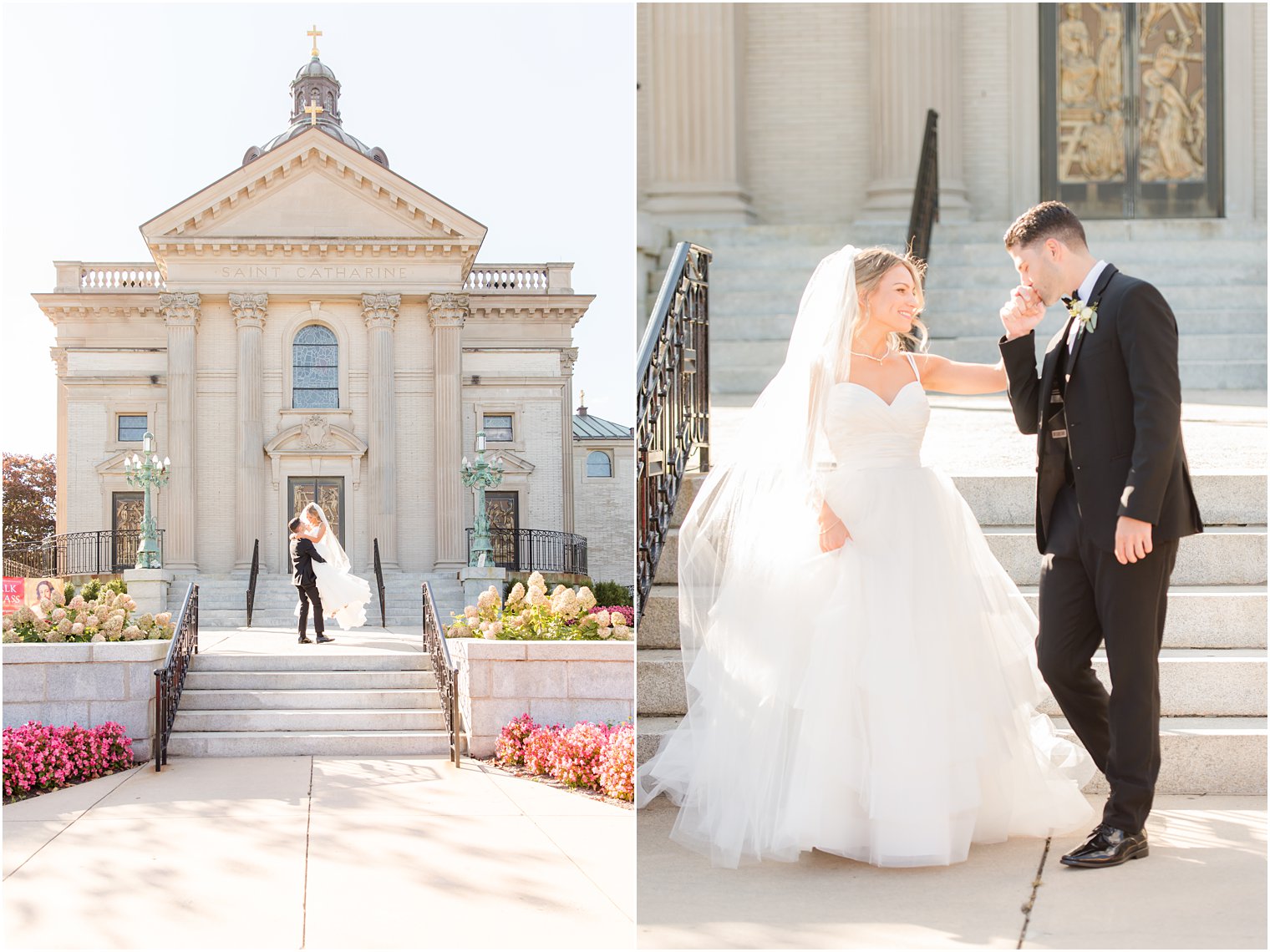 bride and groom pose on steps in Spring Lake NJ