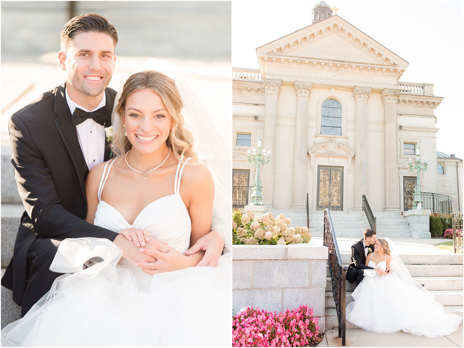 bride and groom pose on steps in Spring Lake NJ