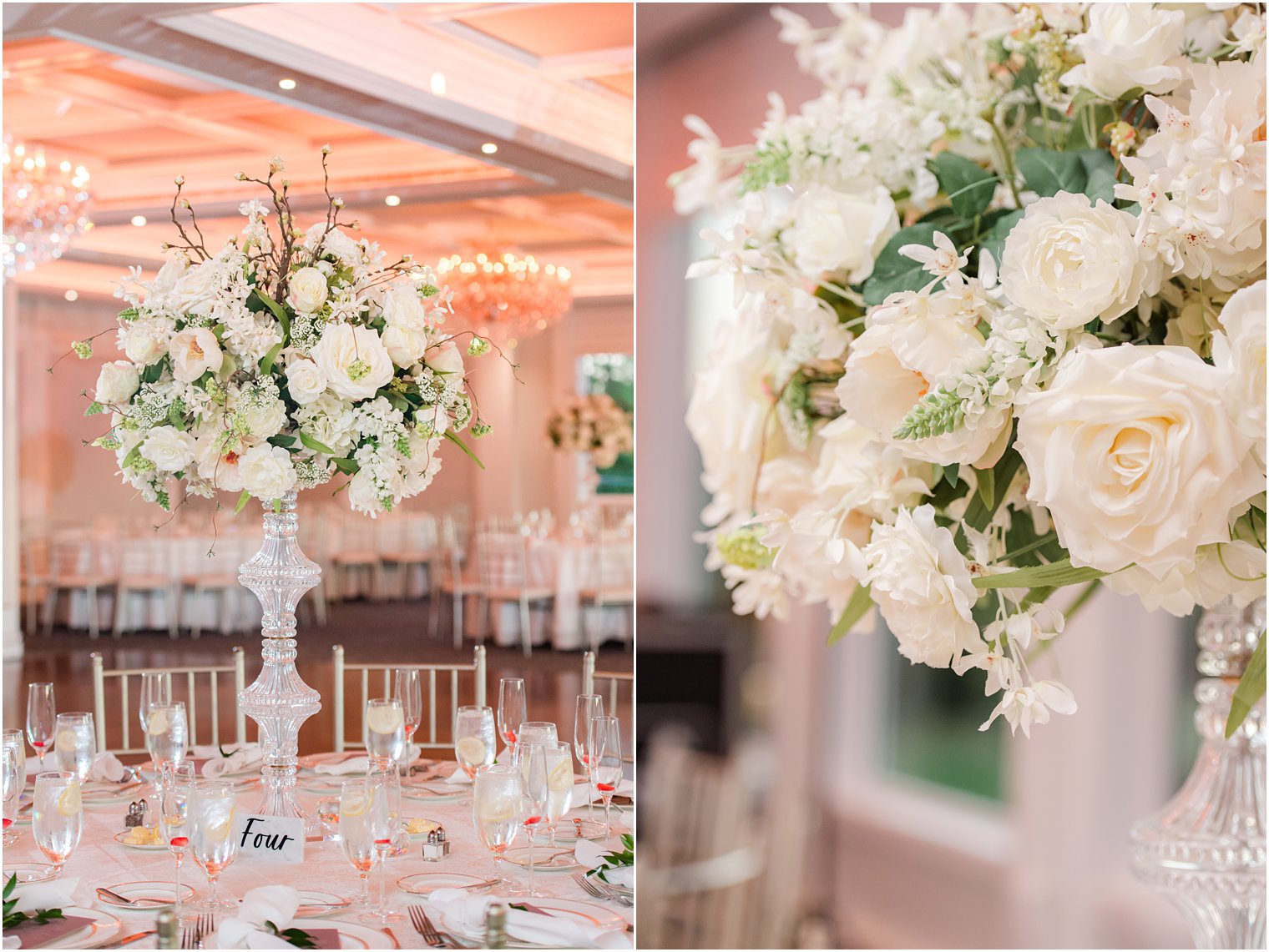 tall floral centerpieces with white roses at the Mill Lakeside Manor