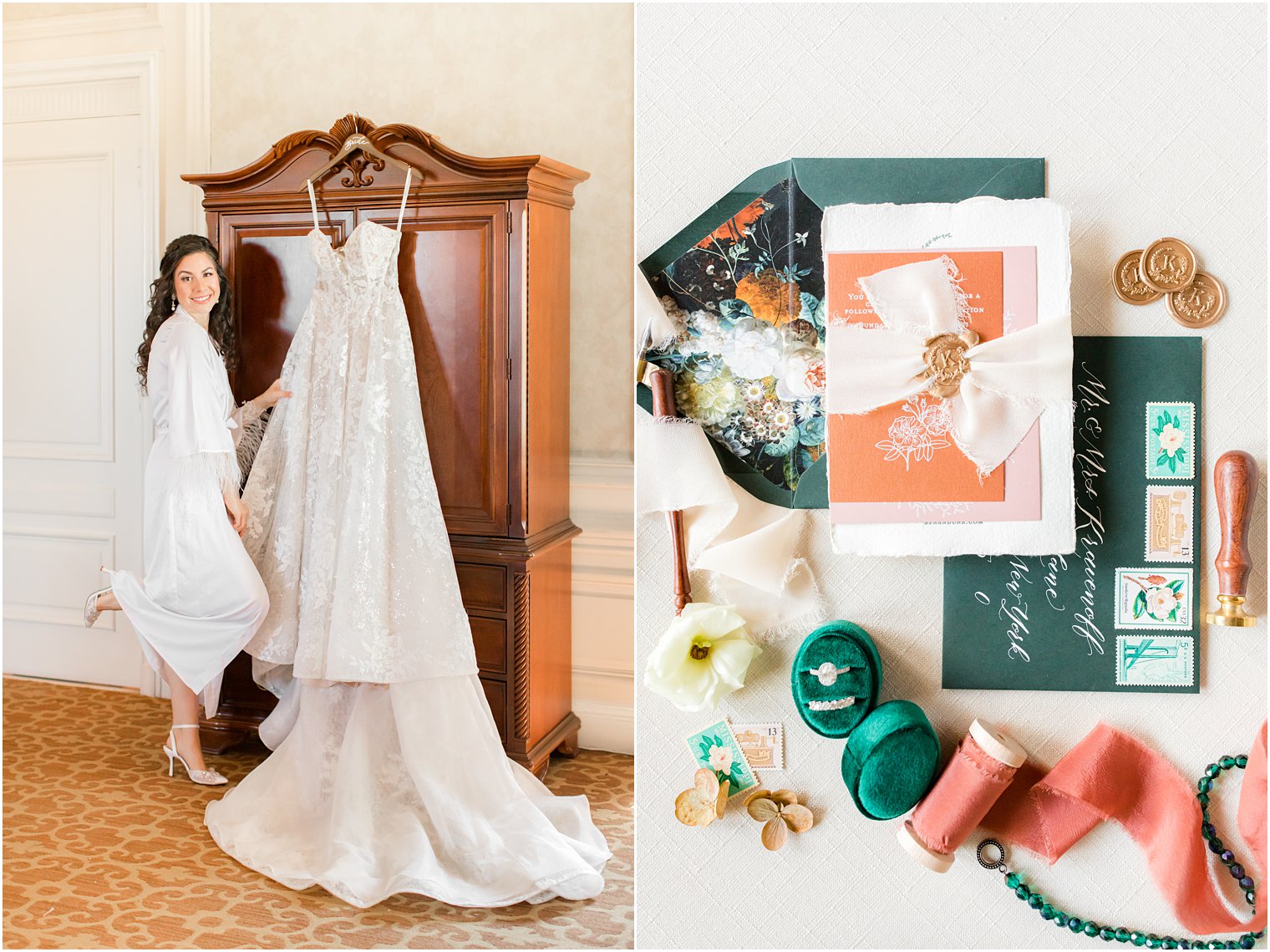 bride poses with wedding gown and fall invitation suite for Village Club of Sands Point wedding