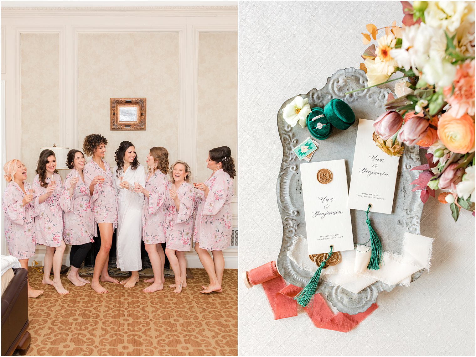 bride prepares for Village Club of Sands Point wedding with bridesmaids