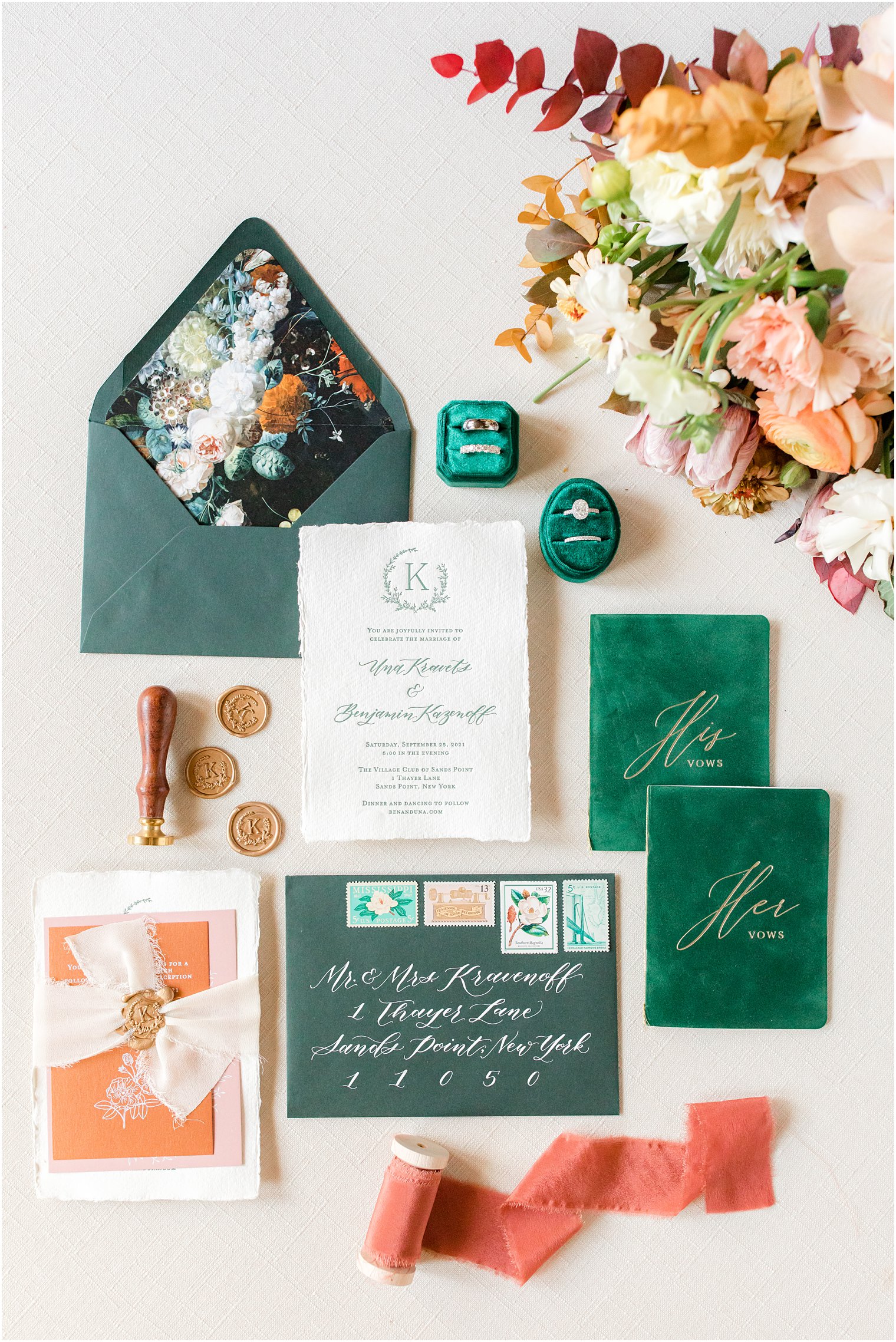 fall wedding invitation suite with emerald green details 