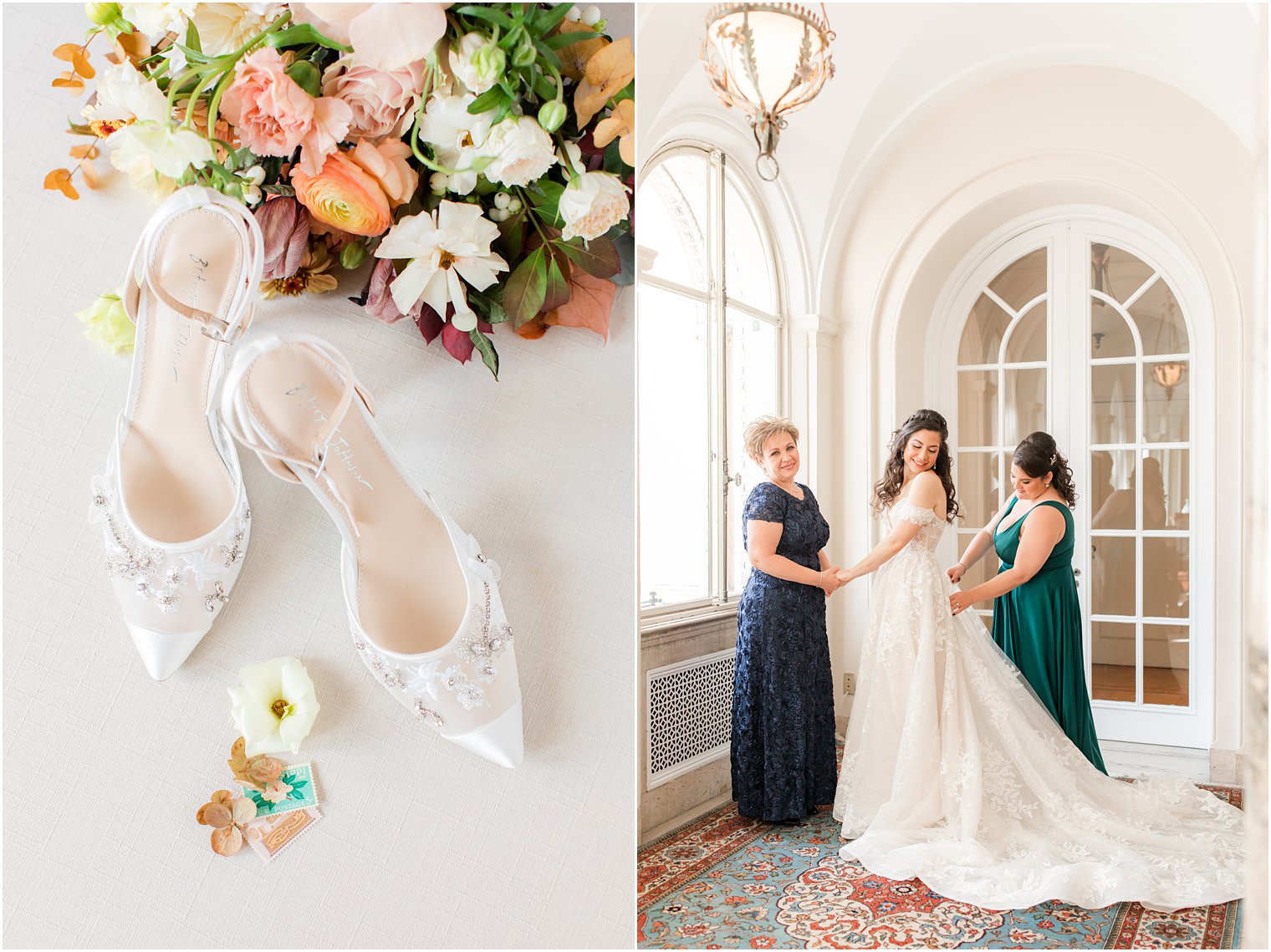 bride's mom and sister help with wedding gown before Village Club of Sands Point wedding