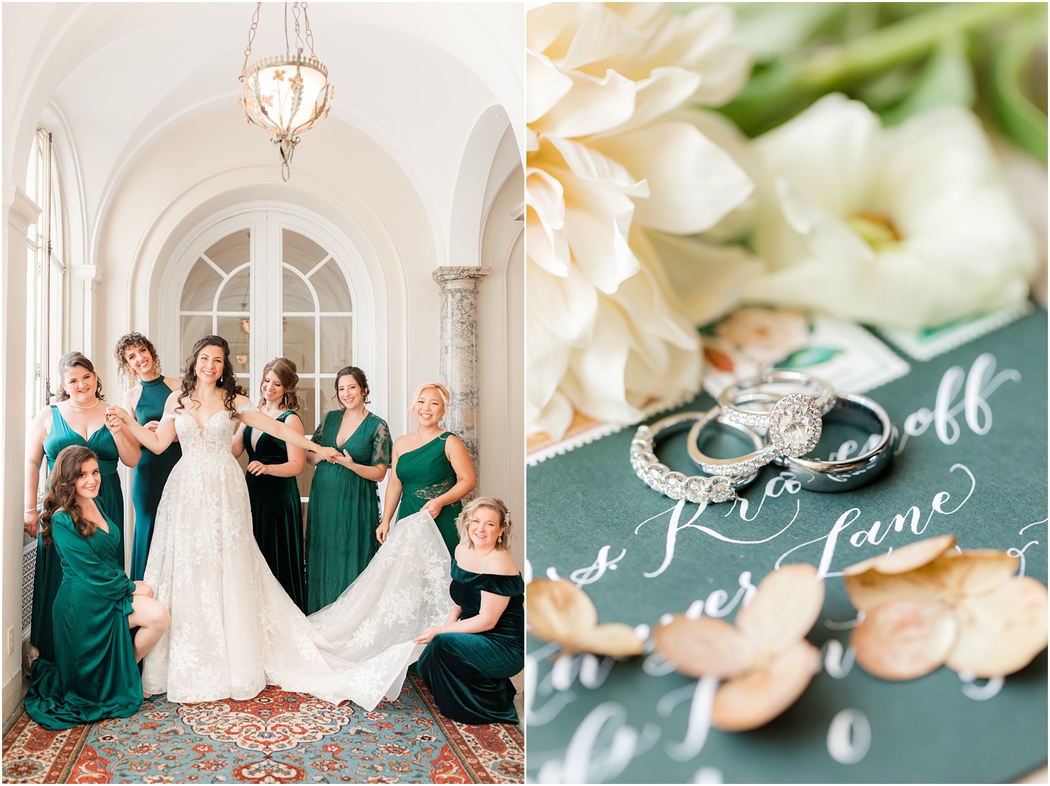 bridesmaids in emerald green gowns help bride with wedding dress