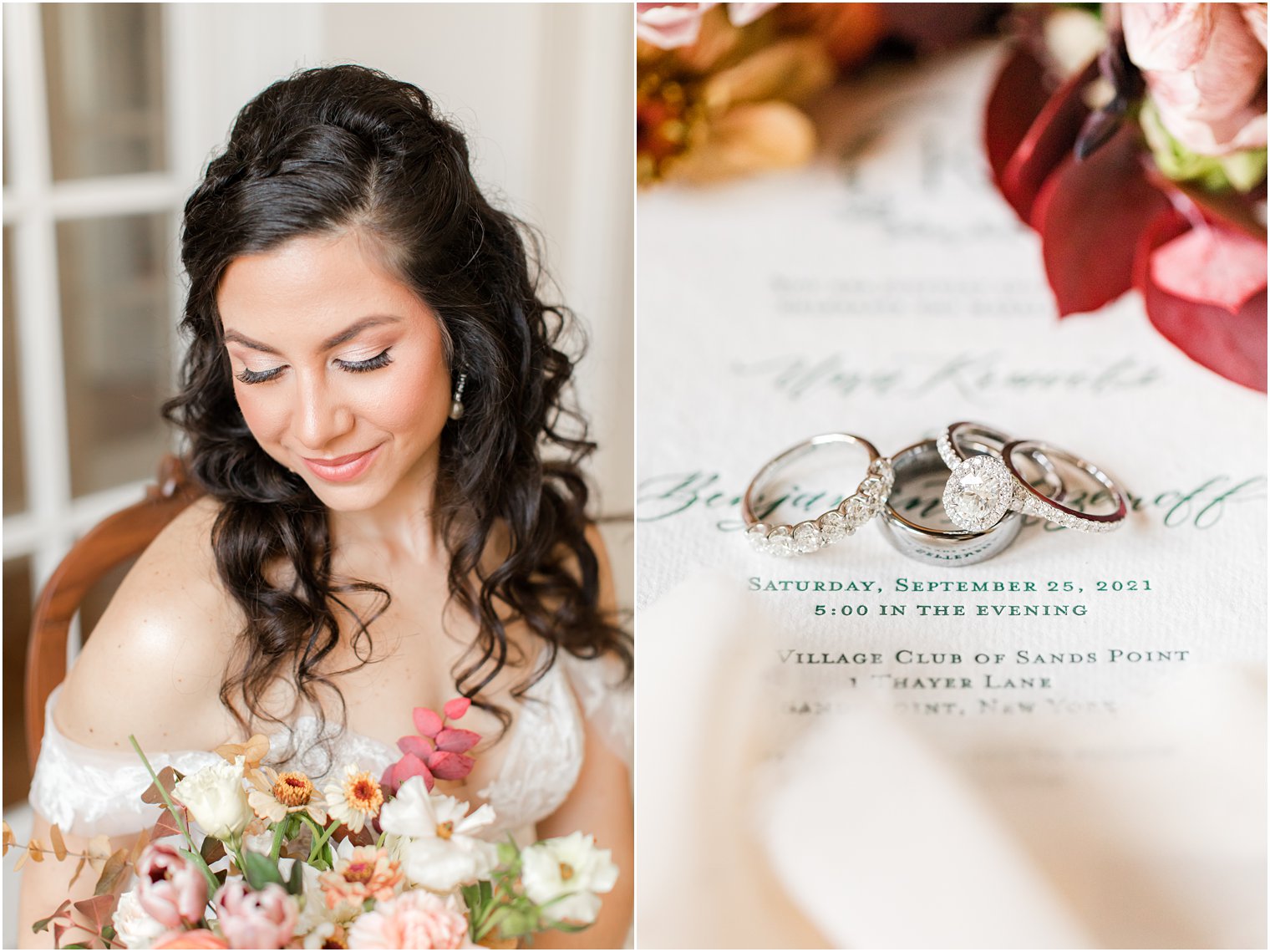 bride looks down at fall bouquet during portraits at Village Club of Sands Point