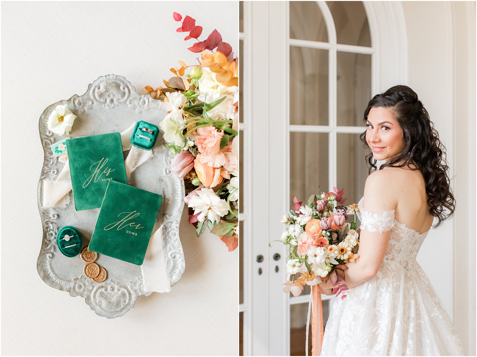 bride holds bouquet of fall flowers looking over shoulder