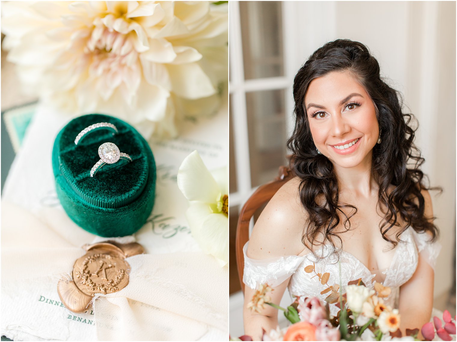 bride holds bouquet of fall flowers at Village Club of Sands Point with rings in emerald ring box