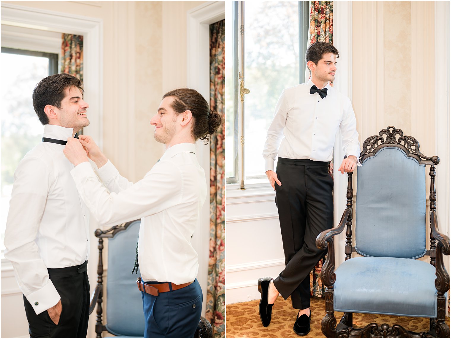 groom poses by blue chair at Village Club of Sands Point before wedding