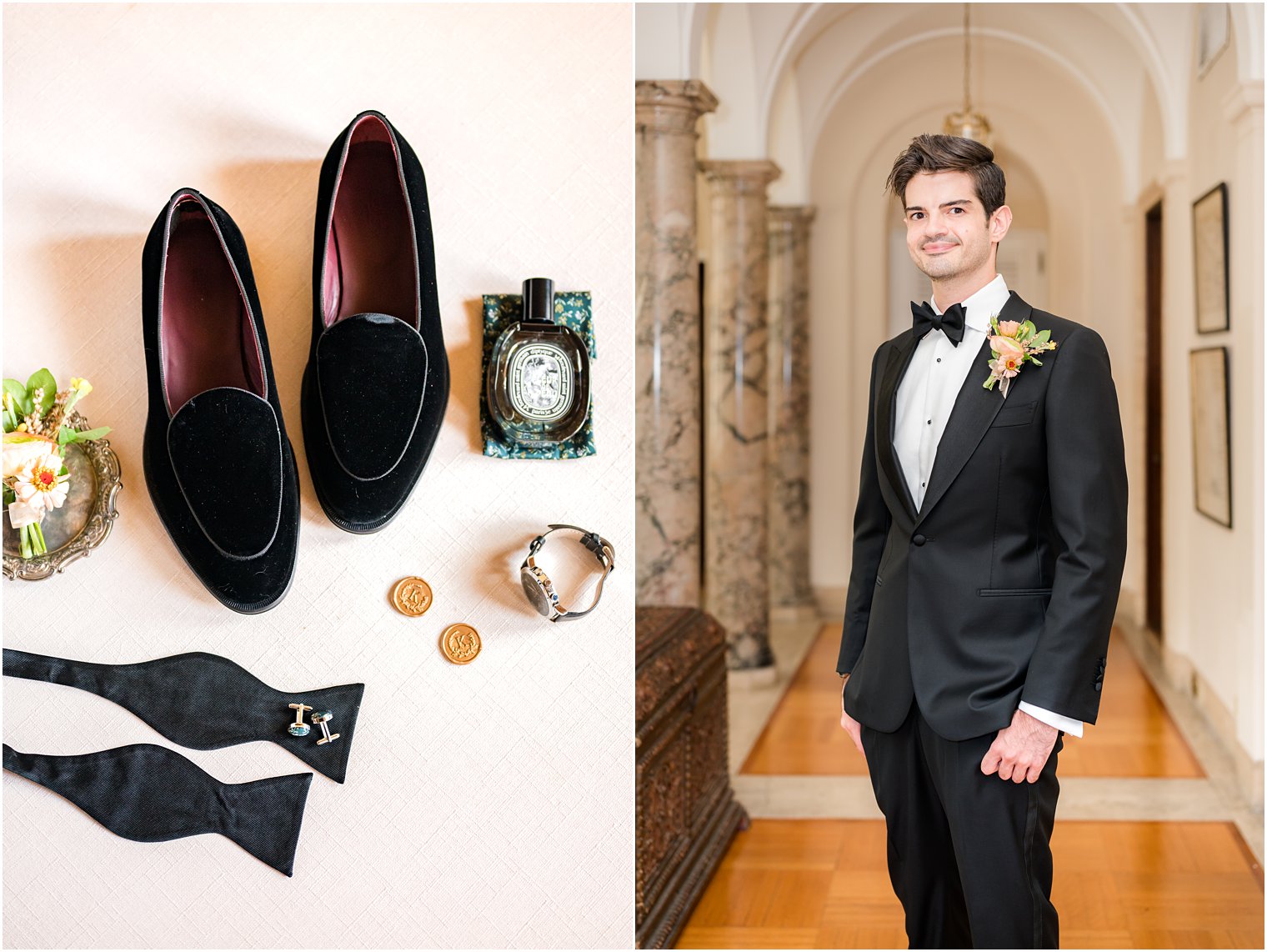 groom in classic tux poses in hallway of Village Club of Sands Point