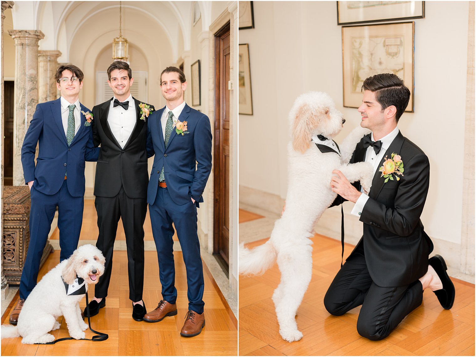 groom and groomsmen pose with dog during portraits at the Village Club of Sands Point