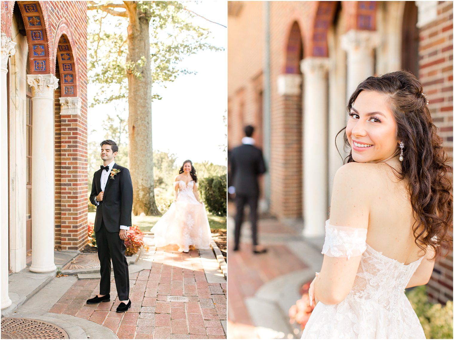 bride walks to groom during first look at the Village Club of Sands Point