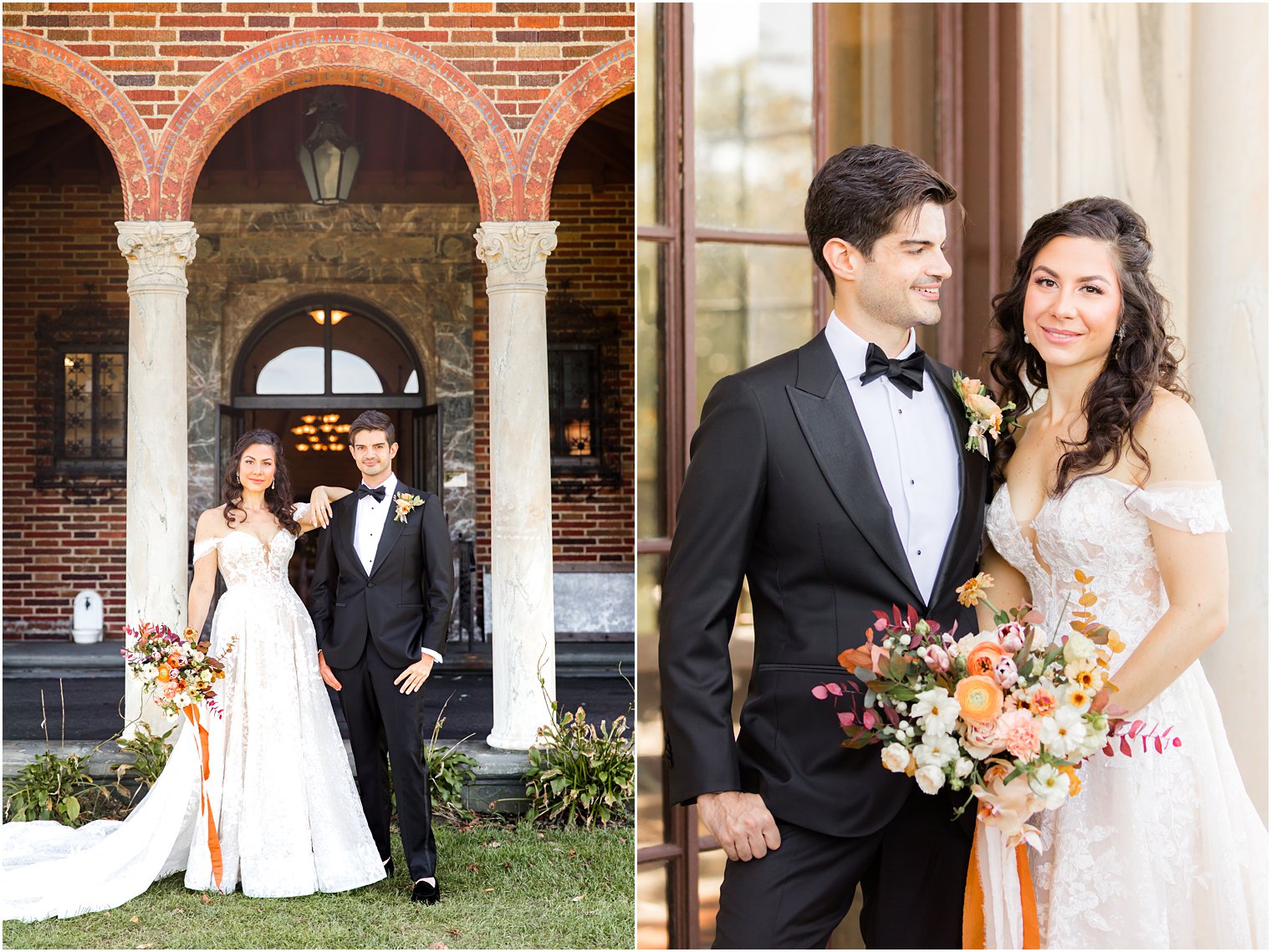 newlyweds pose outside the Village Club of Sands Point on fall wedding day