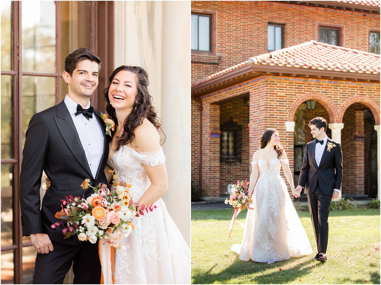 newlyweds laugh during fall wedding day in Sands Point NY