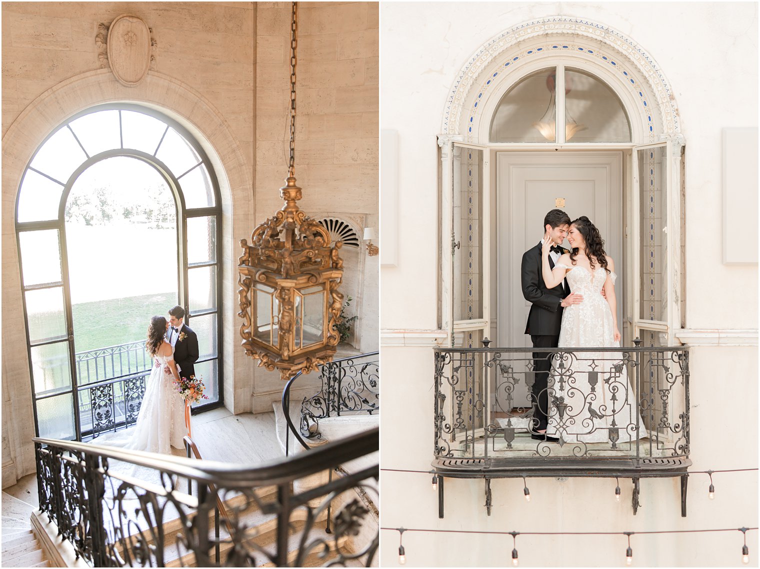 bride and groom pose in window at Sands Point NY