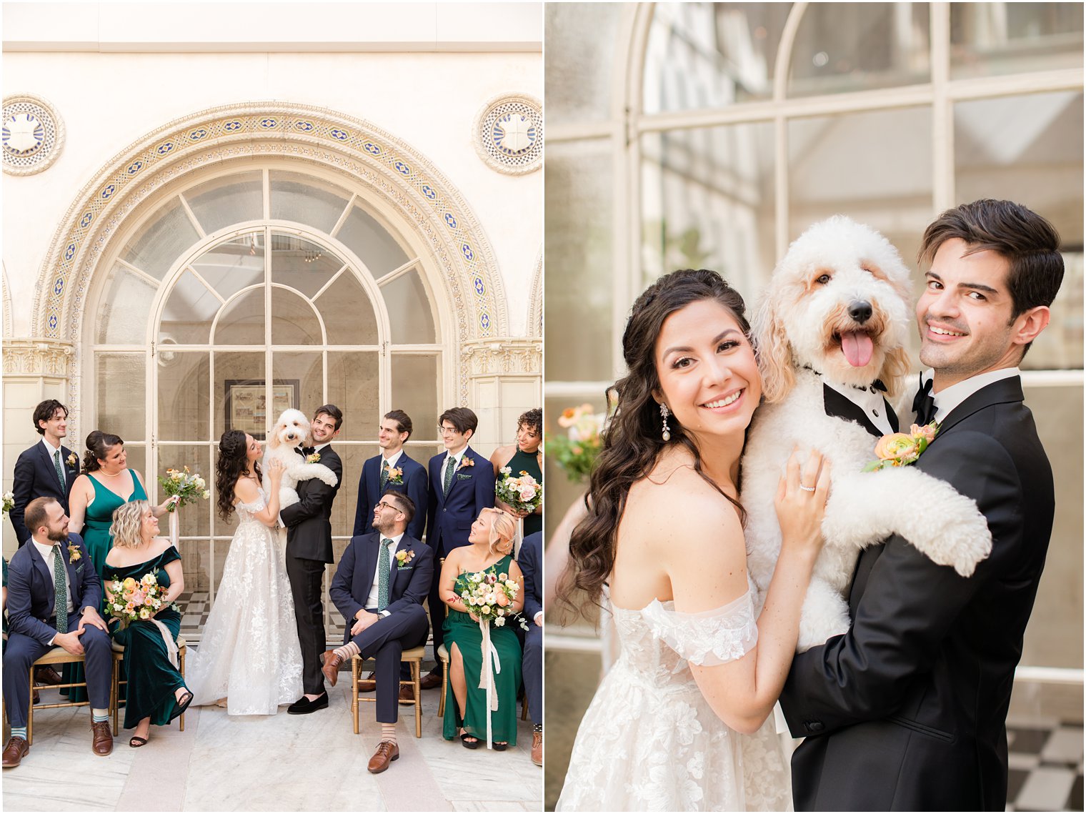 newlyweds pose with dog and bridal party outside the Village Club of Sands Point