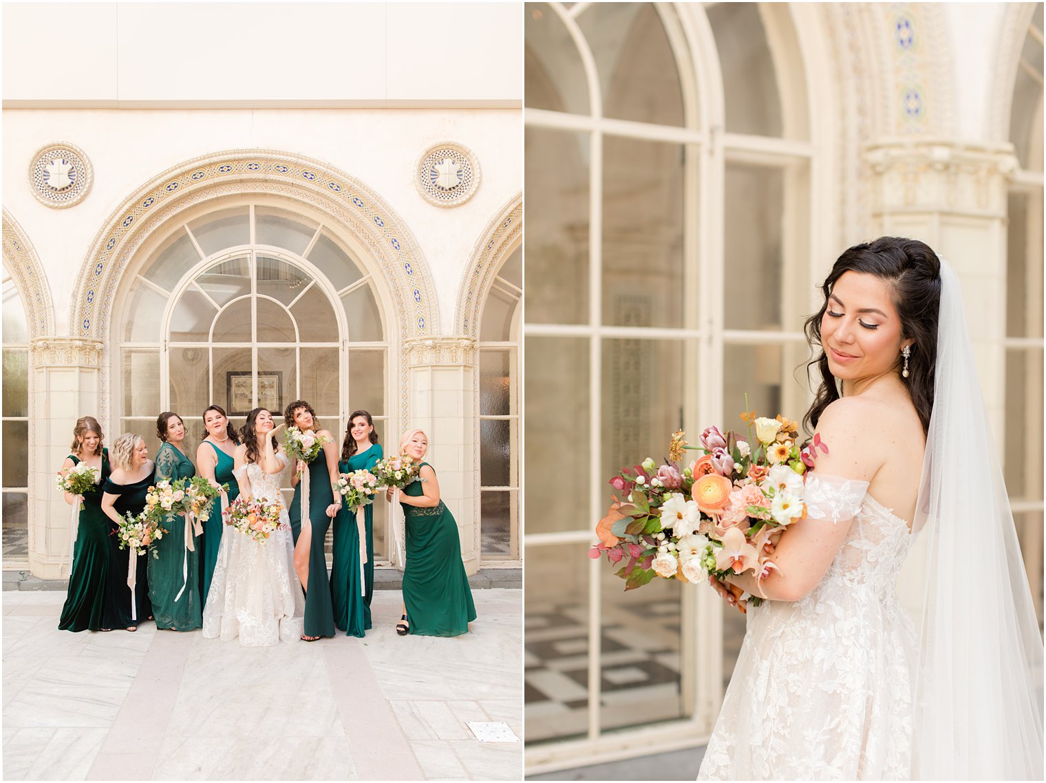 bride holds bouquet of fall flowers while bridesmaids in mismatched emerald gowns stand with her