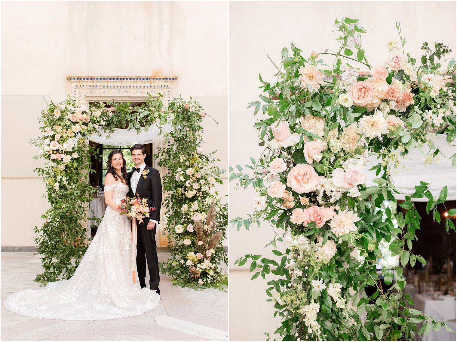 bride and groom pose by canopy with pink flowers