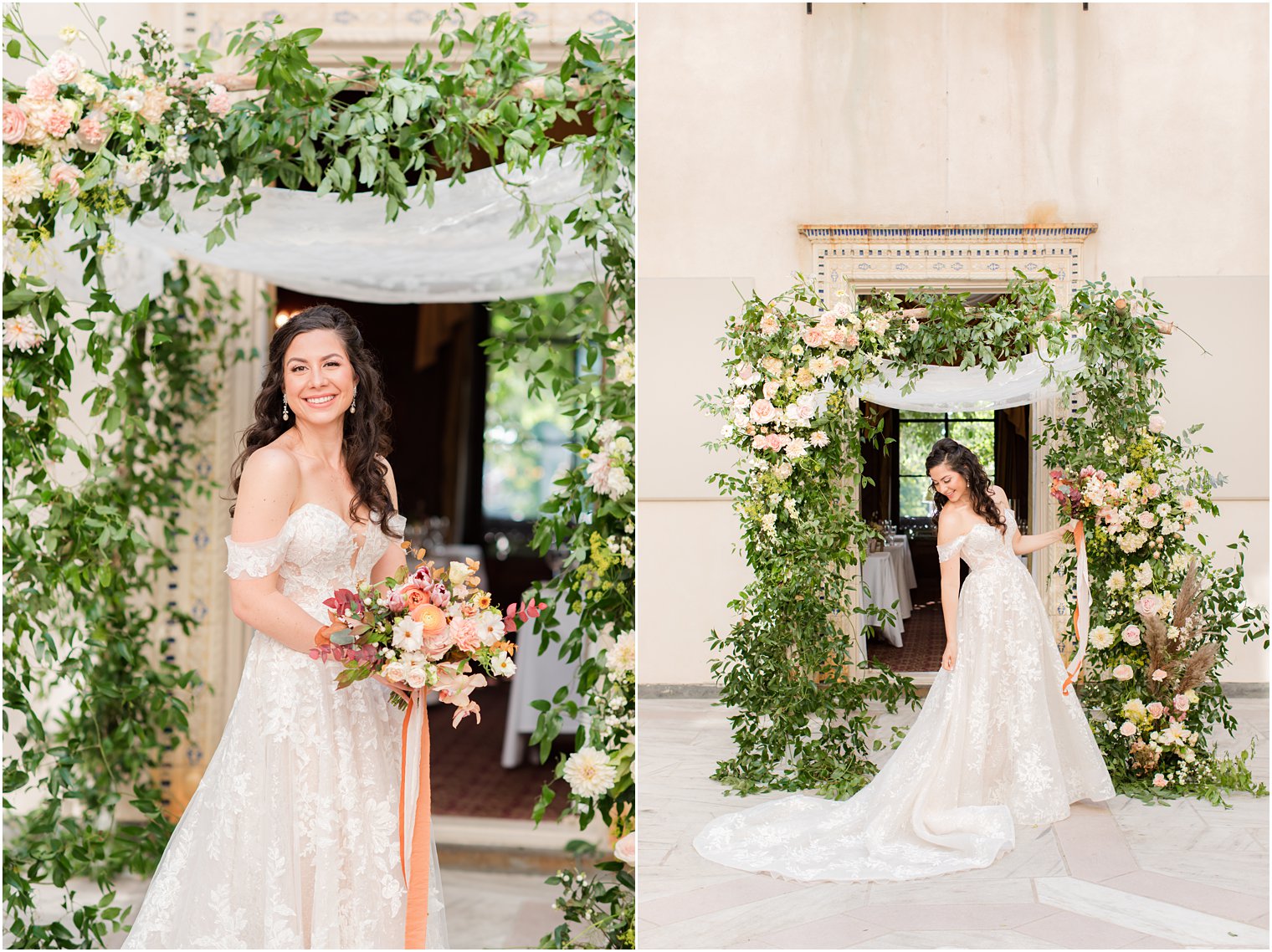 bride poses by canopy covered with flowers