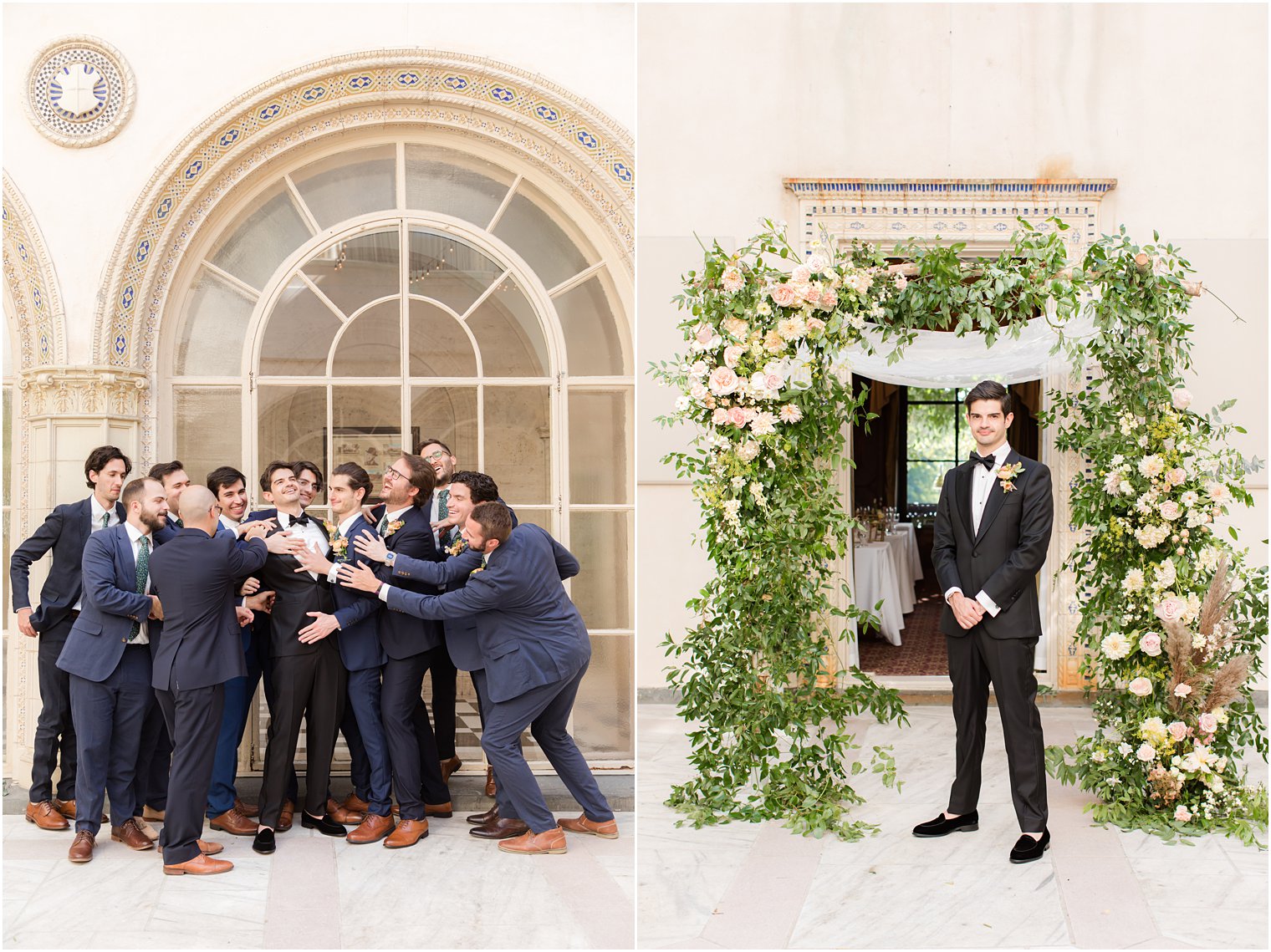 groomsmen hug groom during portraits at the Village Club of Sands Point