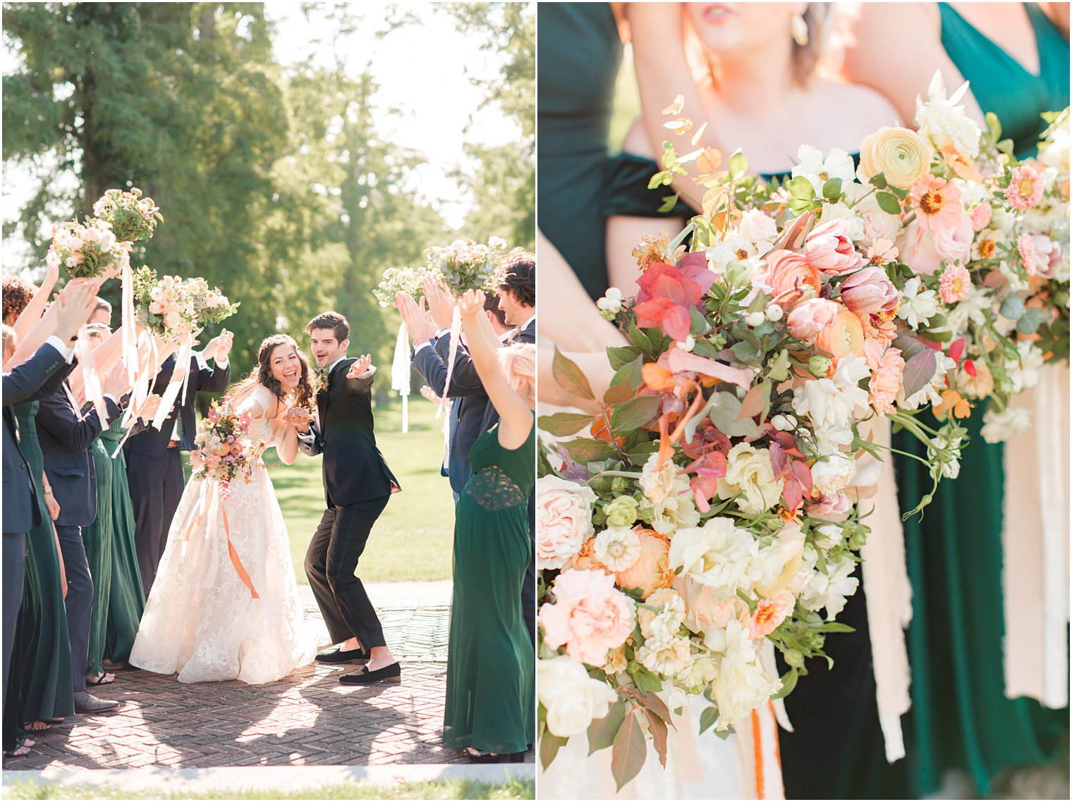 newlyweds dance between lines of wedding party