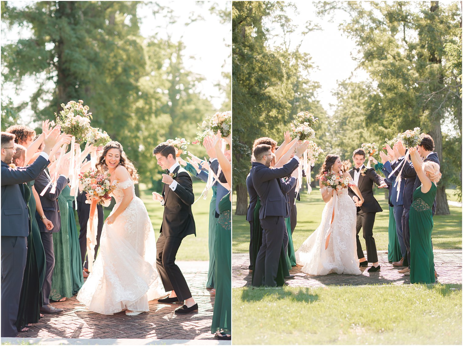 bride and groom dance down wedding party during NY wedding portraits 