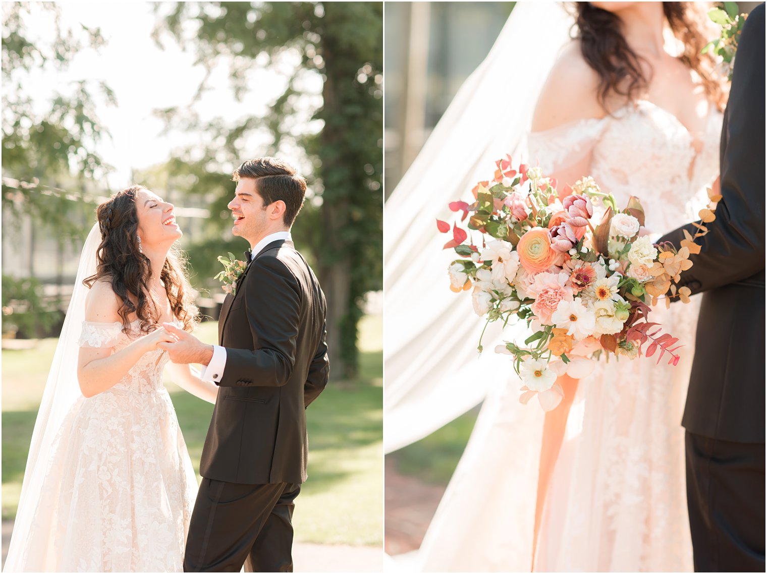 bride and groom laugh together during New York wedding portraits