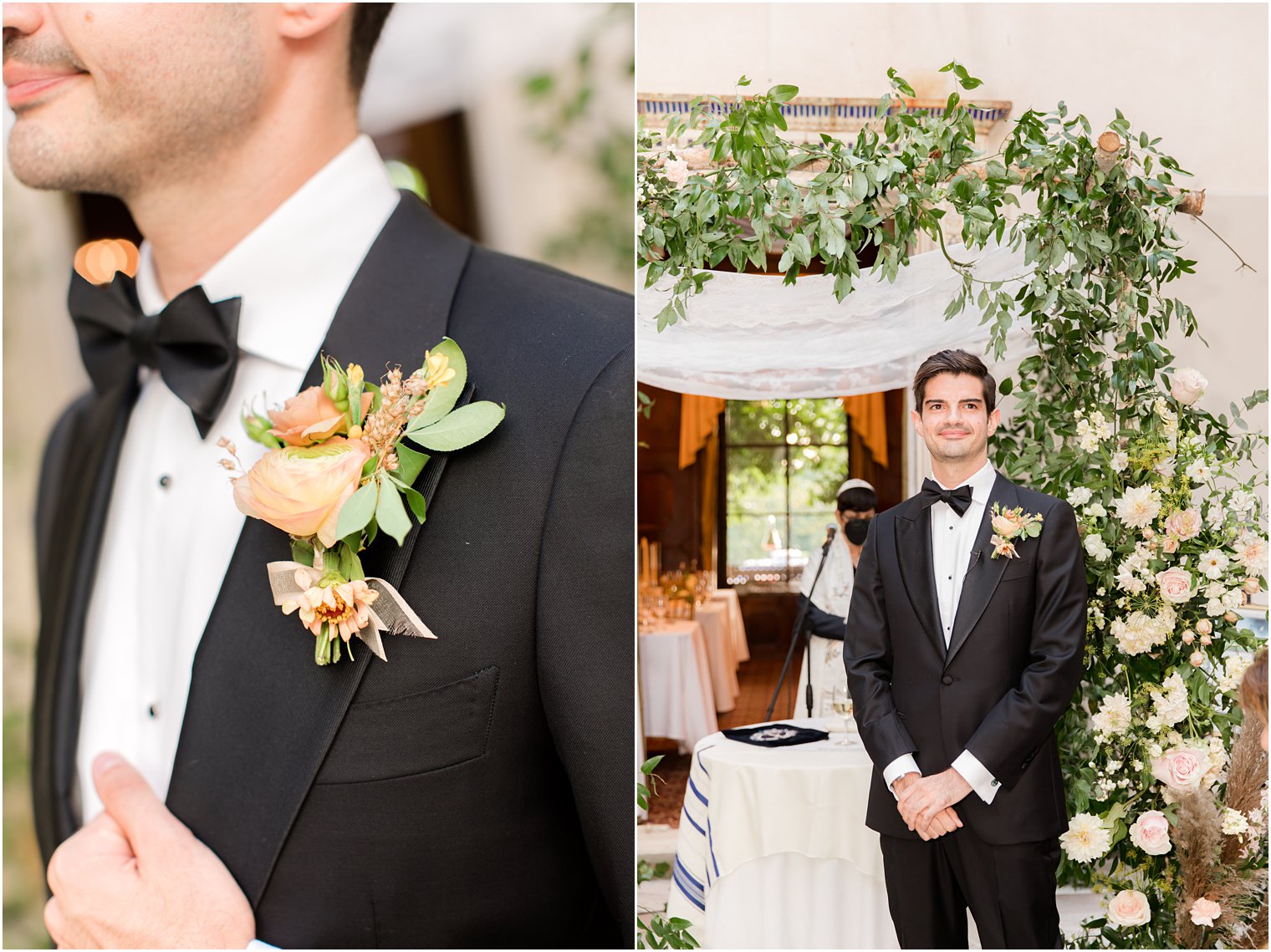 groom in classic tux poses by flower covered chuppah