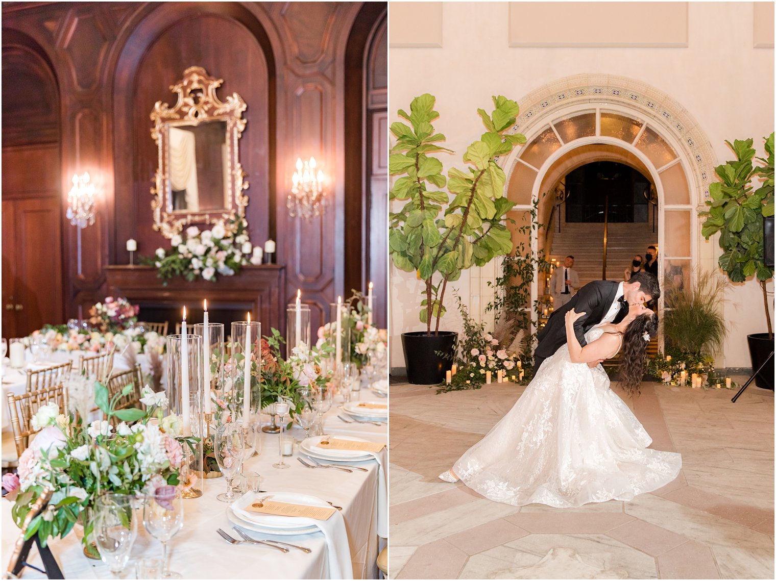 groom dips bride kissing her before NY wedding reception