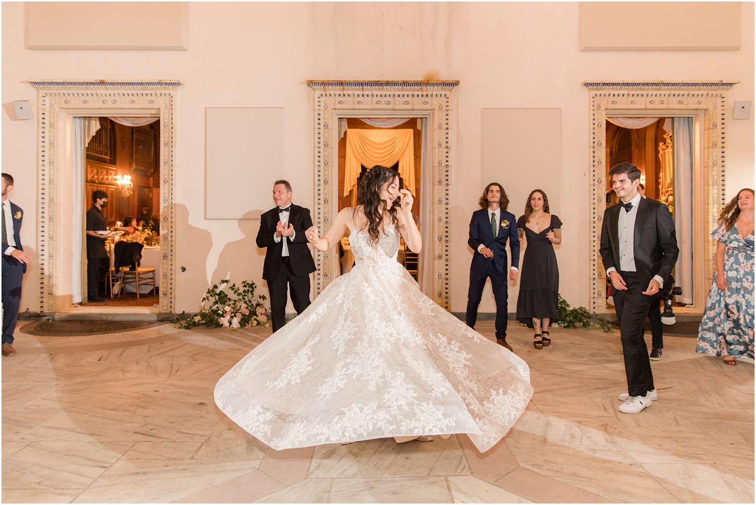 bride twirls wedding dress during Sands Point NY wedding reception