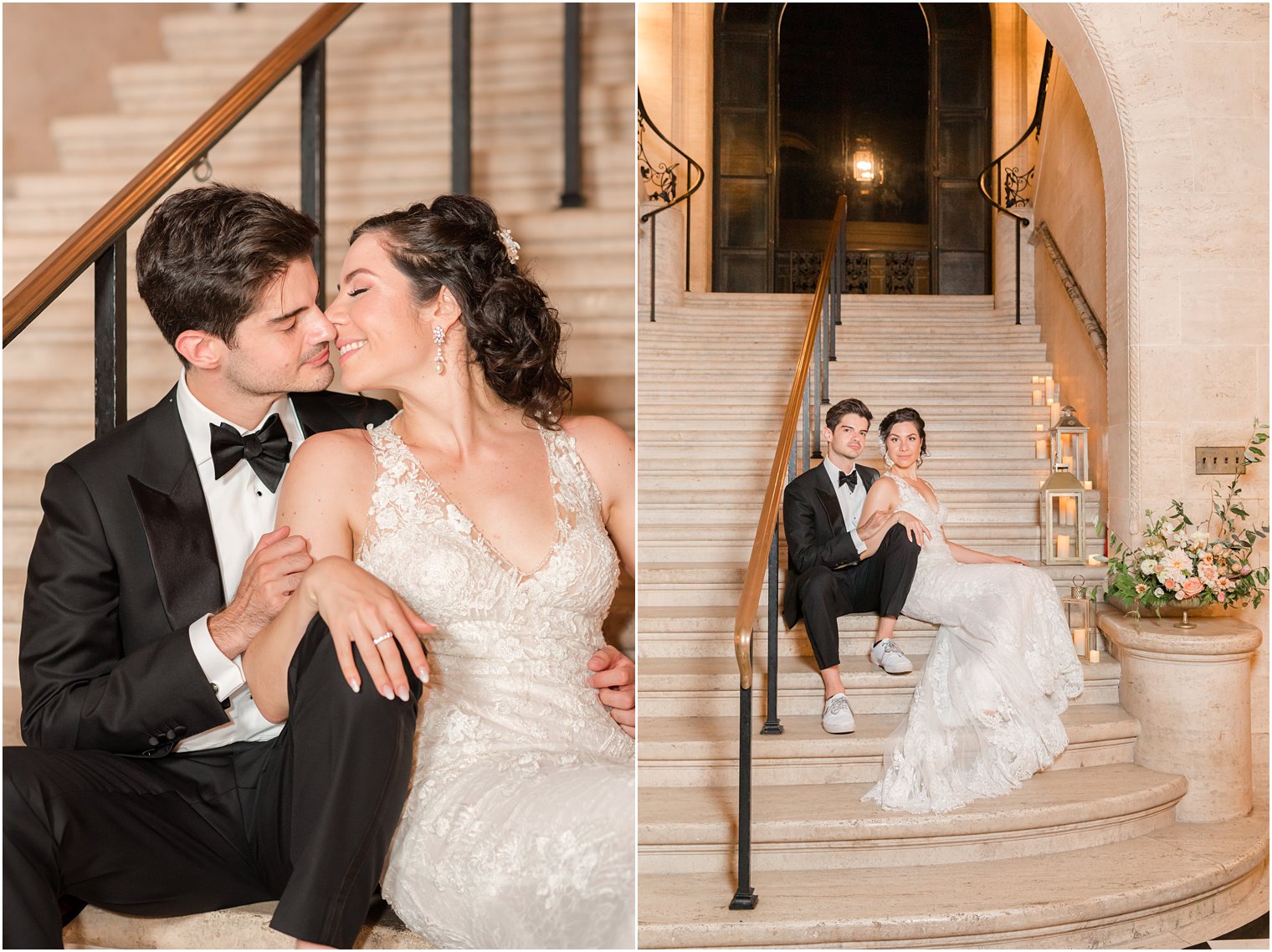 newlyweds sit on staircase during Sands Point NY wedding portraits