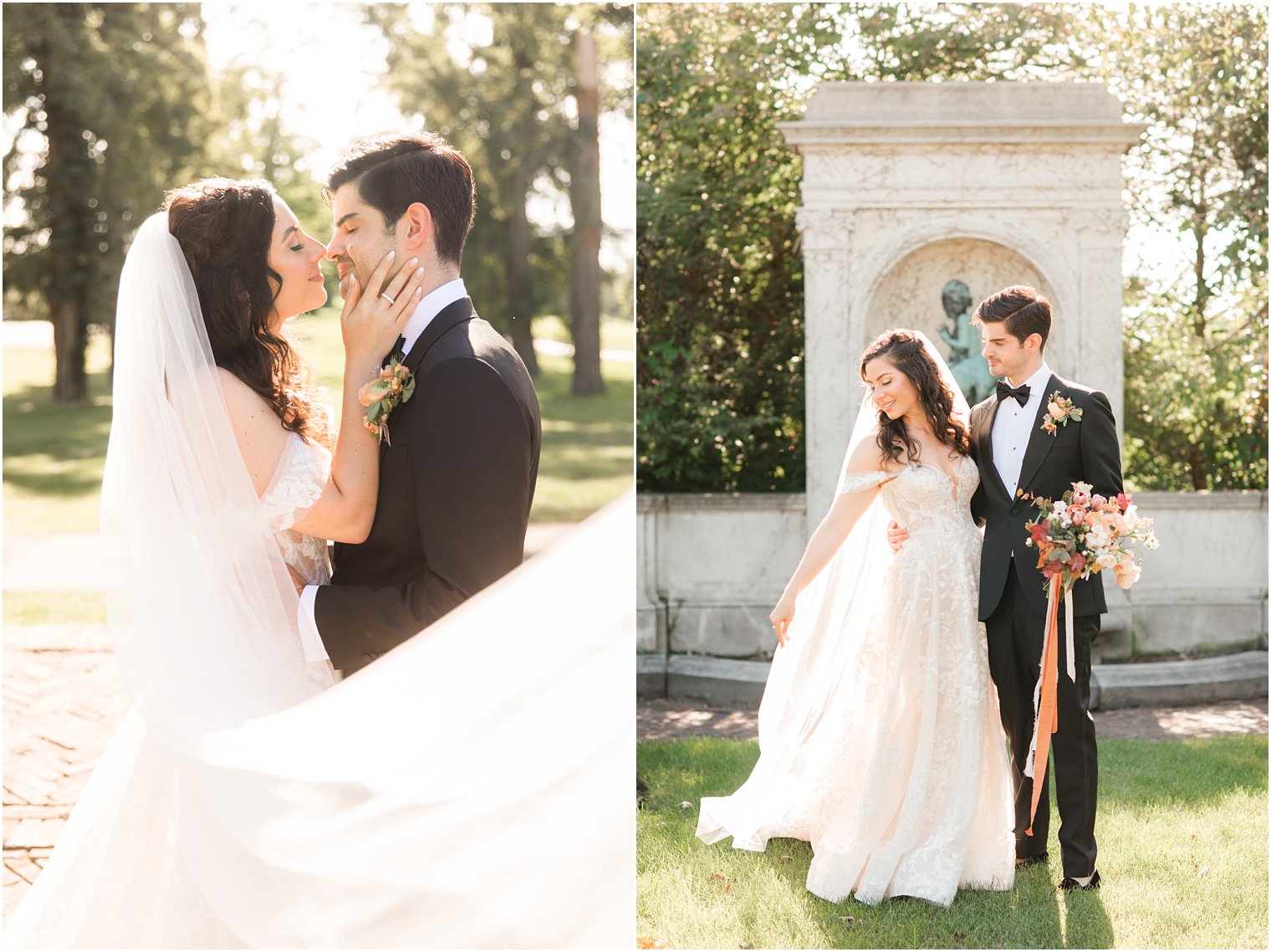 bride and groom pose in gardens at the Village Club of Sands Point