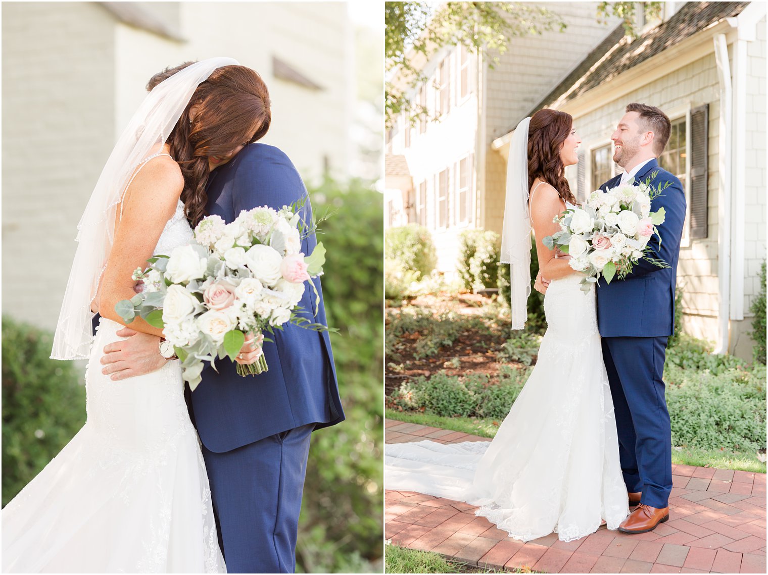 newlyweds hug during first look at Chauncey Hotel