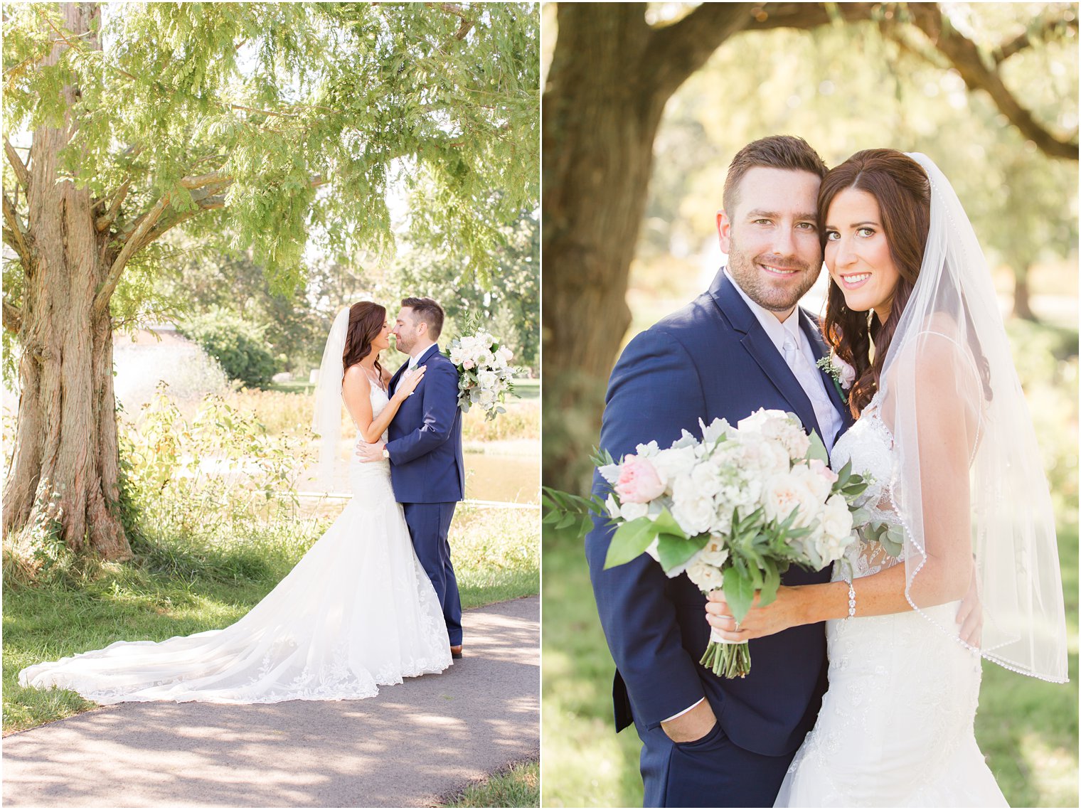 bride and groom hug under weeping willow during Princeton NJ wedding portraits at the Chauncey Hotel