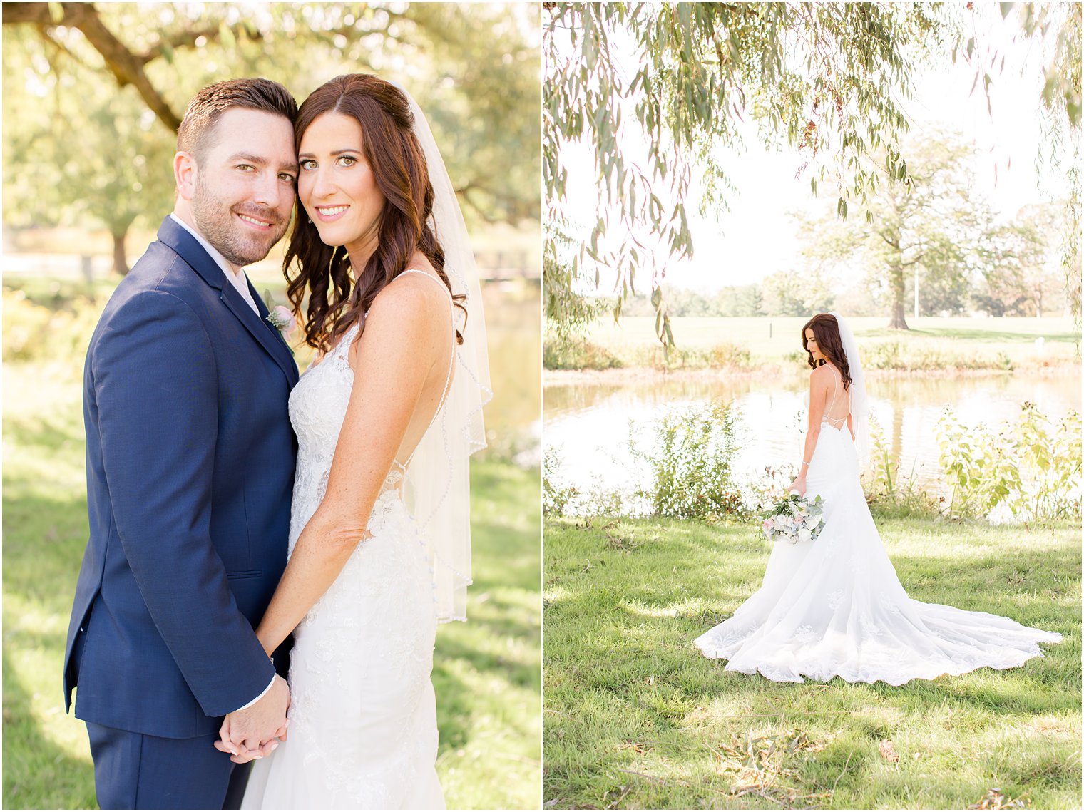 bride poses under weeping willow in Princeton NJ