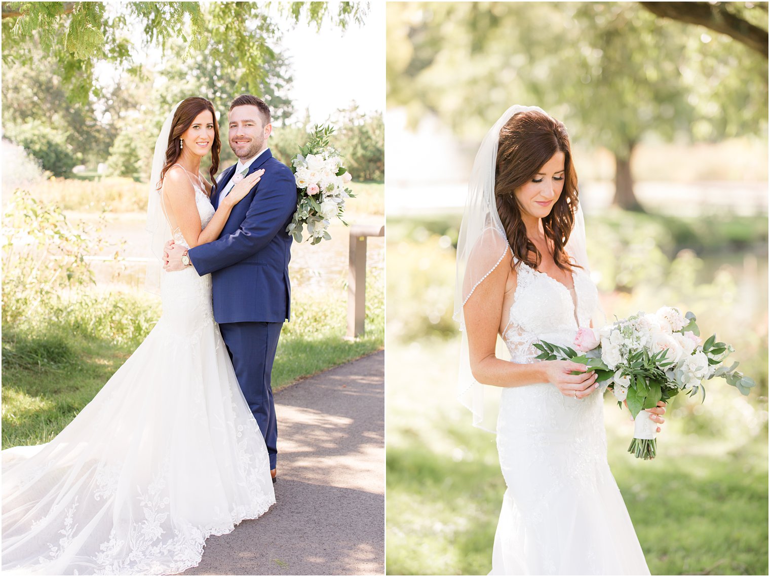 newlyweds pose on pathway along the Chauncey Hotel