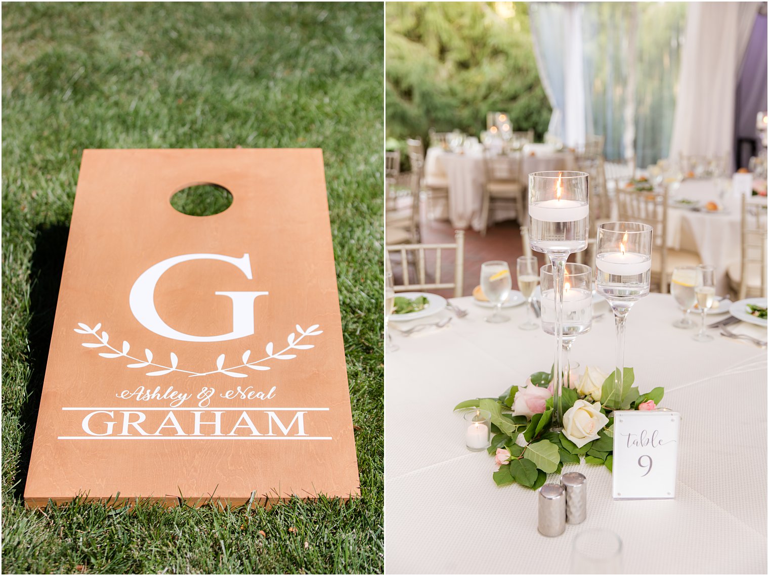 fall wedding reception details including corn hole board and floating candle centerpieces 