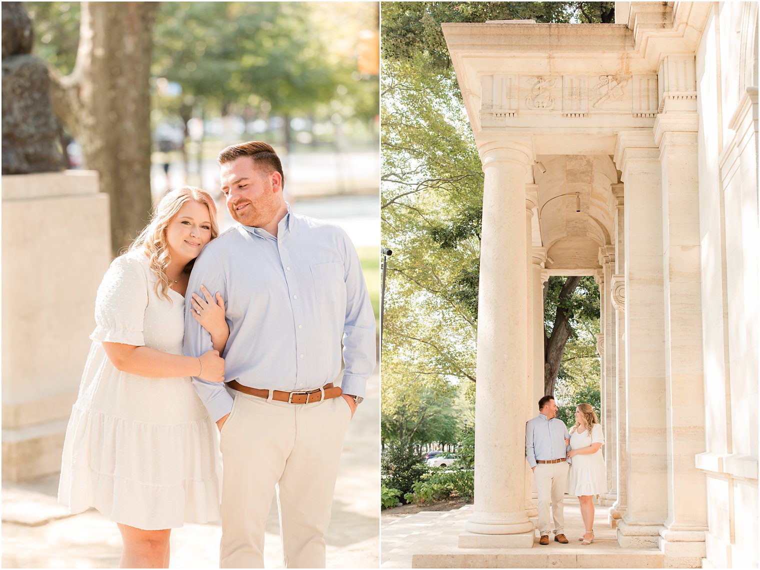 bride and groom hug against columns during Philly PA engagement session
