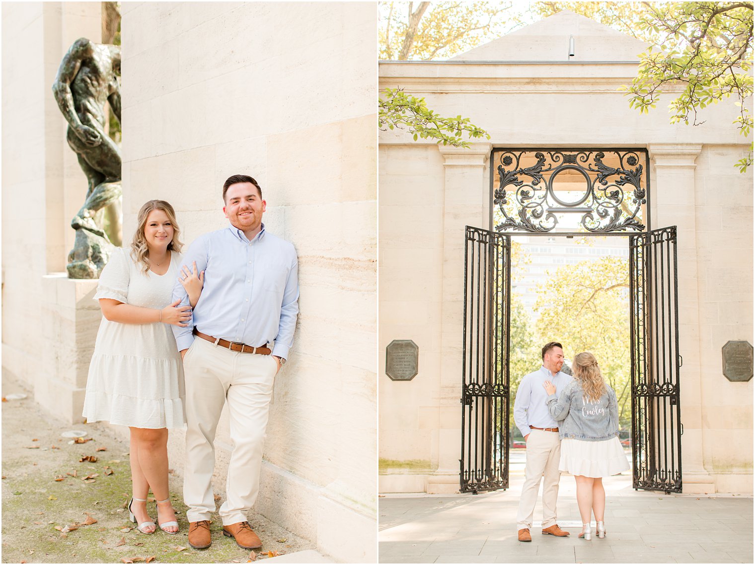 couple leans against wall during PA engagement session in Philly