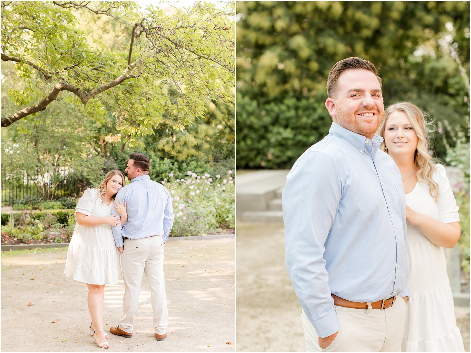 springtime Rodin Museum engagement session with bride leaning against groom's arm