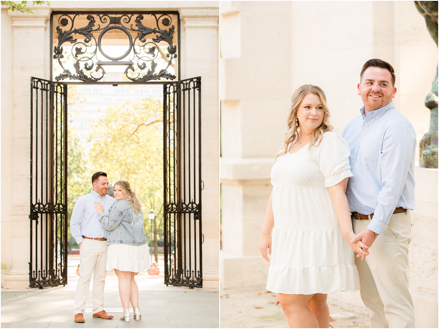 bride leans against groom showing off jean jacket during Rodin Museum engagement session