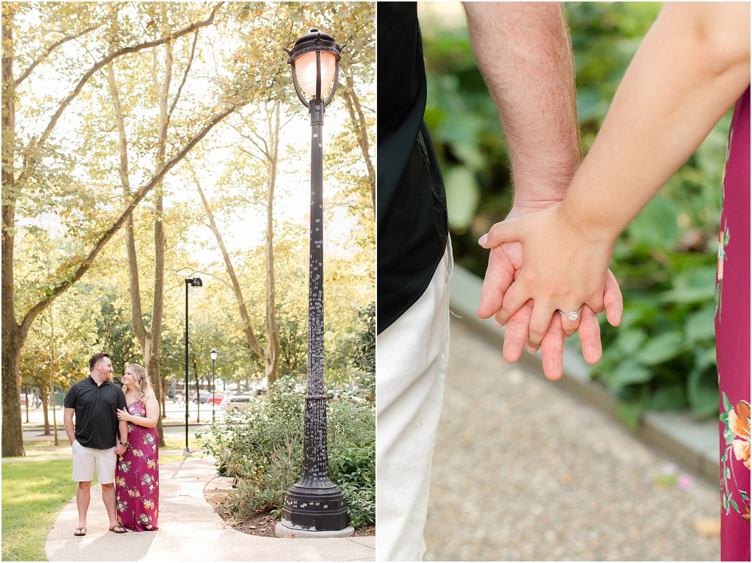 couple holds hands walking through Rodin Museum during engagement photos