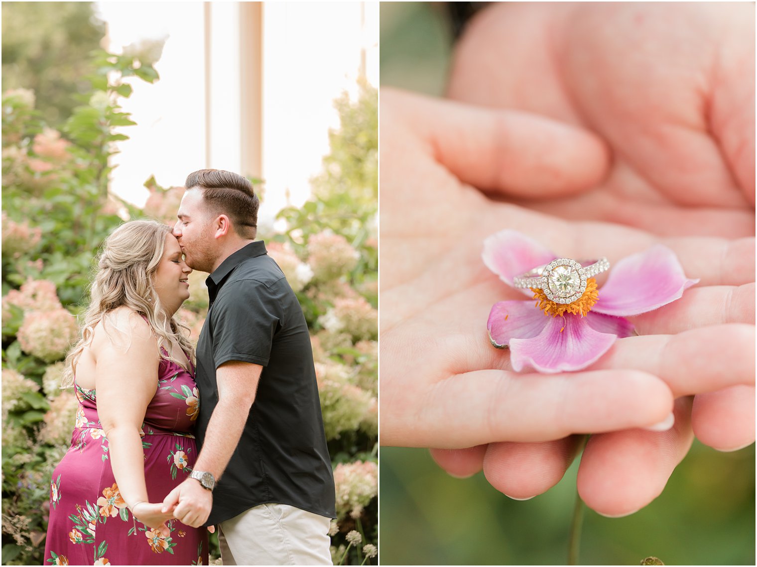 bride and groom hold hands with rings on pink flowers during Rodin Museum engagement session