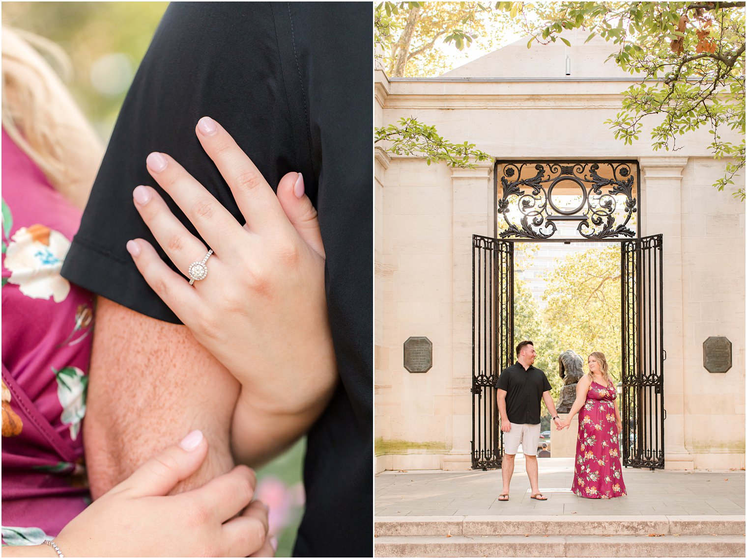 bride holds groom arms by gate of Rodin Museum during engagement session