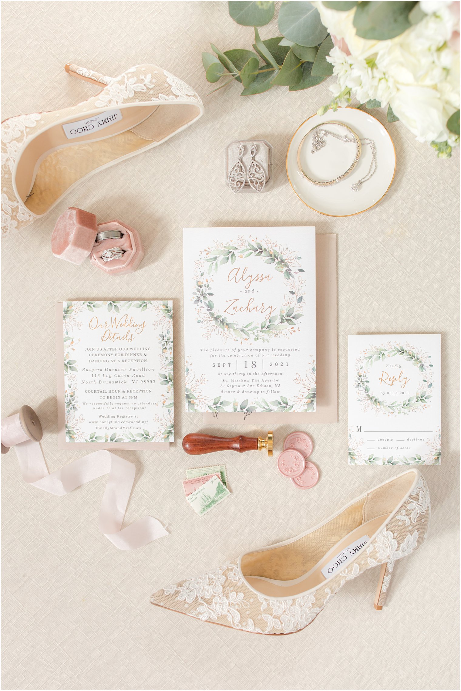 classic invitation suite with Jimmy Choo shoes for the bride 
