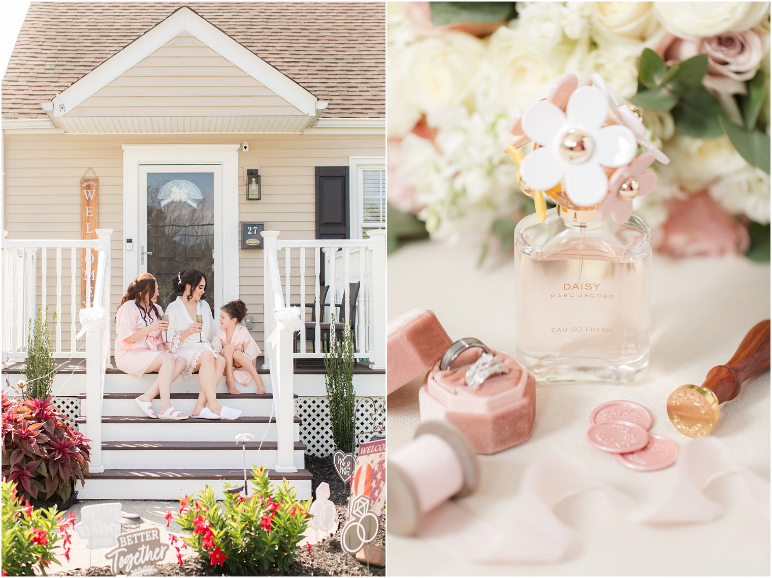 bride sits on front steps of house with daughter and sister on morning of wedding 