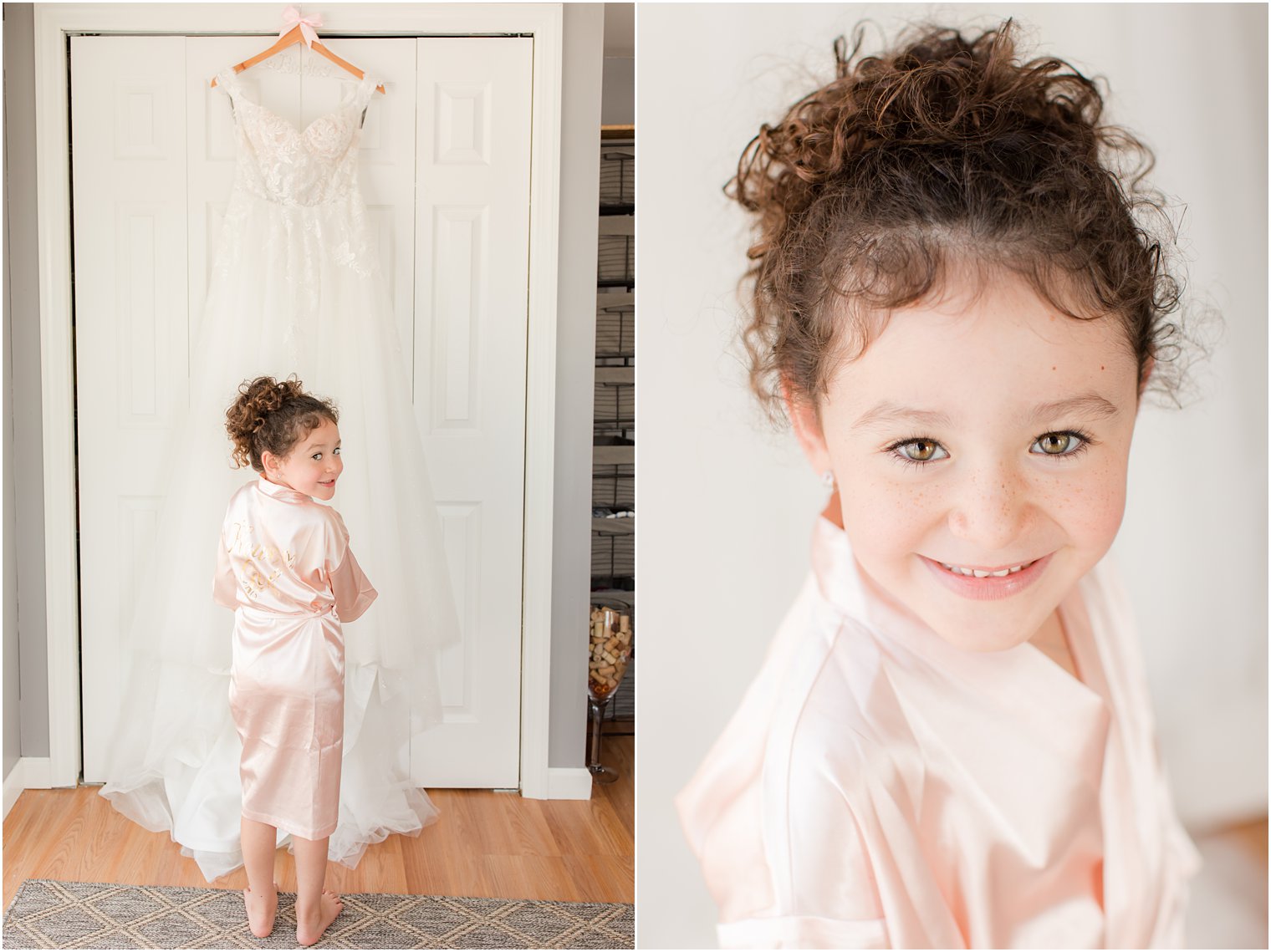 bride's daughter stands next to wedding dress on wedding morning 