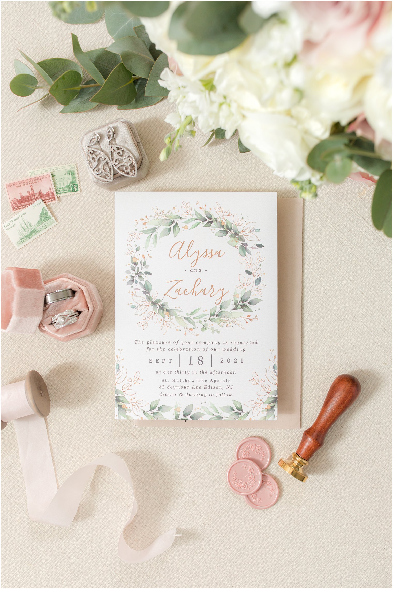 classic invitation for fall wedding with pink and green details 